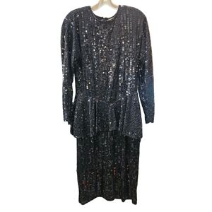 Vintage 70'S  - 80's All Sequins Peplum Dress By Para In Black Size 12